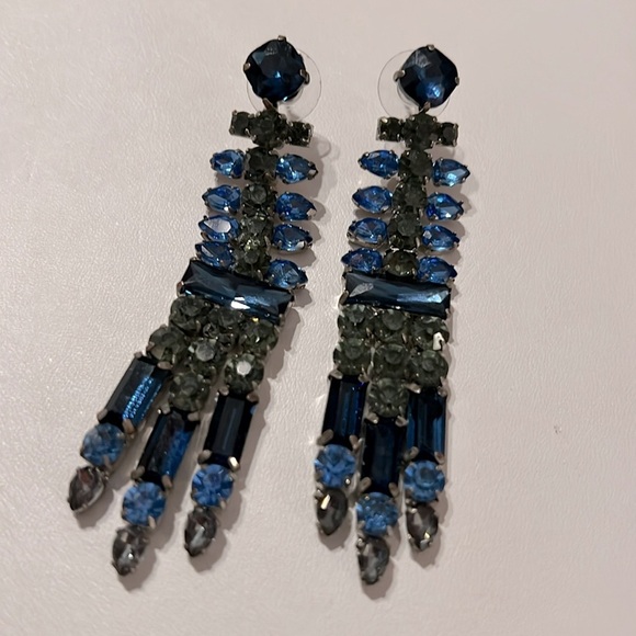 3” long blue and green rhinestone dangle pierced earrings - Picture 6 of 6
